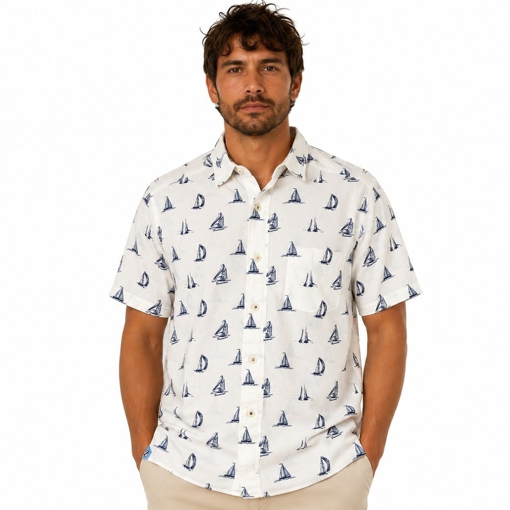 Cremieux Club 38 Performance Shirt Men Medium White Blue Sailboat Print Nautical